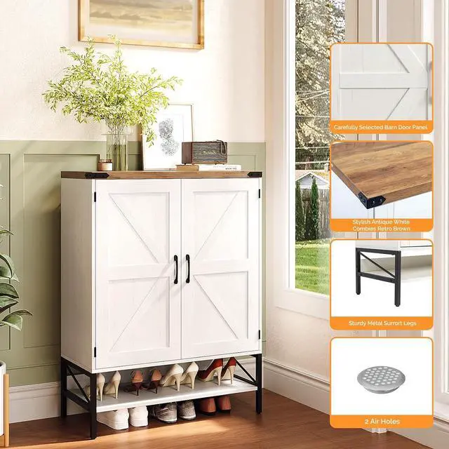 Alt view image 3 of 7 - VINGLI Farmhouse Shoe Cabinet for Entryway, 32" Antique White Shoe Storage Cabinet with 2 Barn Doors, Large Capacity Shoe Organizer with Adjustable Shelves for Foyer, Bedroom, Closet
