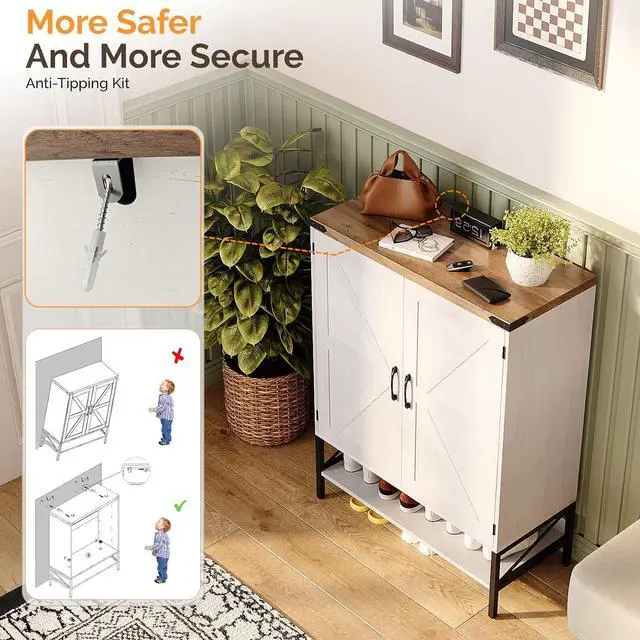 Alt view image 7 of 7 - VINGLI Farmhouse Shoe Cabinet for Entryway, 32" Antique White Shoe Storage Cabinet with 2 Barn Doors, Large Capacity Shoe Organizer with Adjustable Shelves for Foyer, Bedroom, Closet