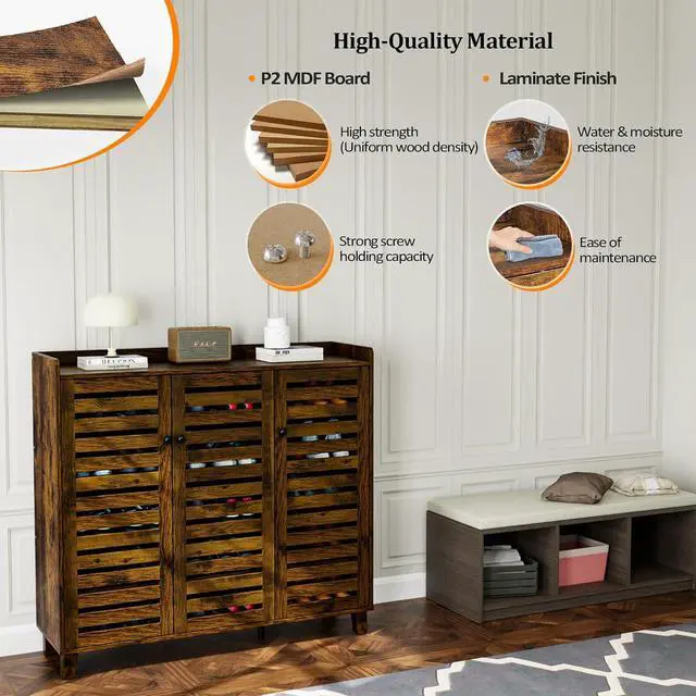 Alt view image 7 of 7 - VINGLI Large Shoe Cabinet with 3 Doors 6-Tier Ultra Wide Shoe Cabinet Storage for Entryway 30 Pairs Tall Shoe Organizer Cabinet Wooden Farmhouse Shoe Rack Cabinet Rustic Brown