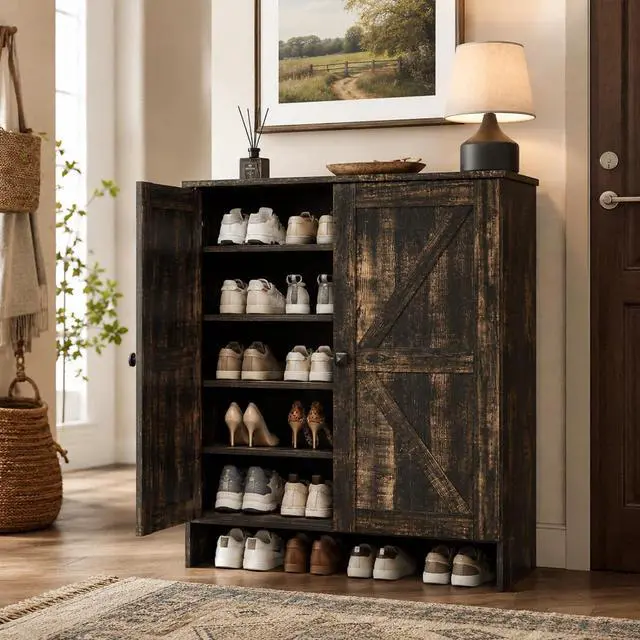 Main image of VINGLI Shoe Cabinet with Doors,5 Tier Dark Rustic Oak Wooden Shoe Storage Cabinet for Entryway with Double Barn Doors, Adjustable Shelves, 36.4" Tall Farmhouse Shoe Rack Organizer for Entryway