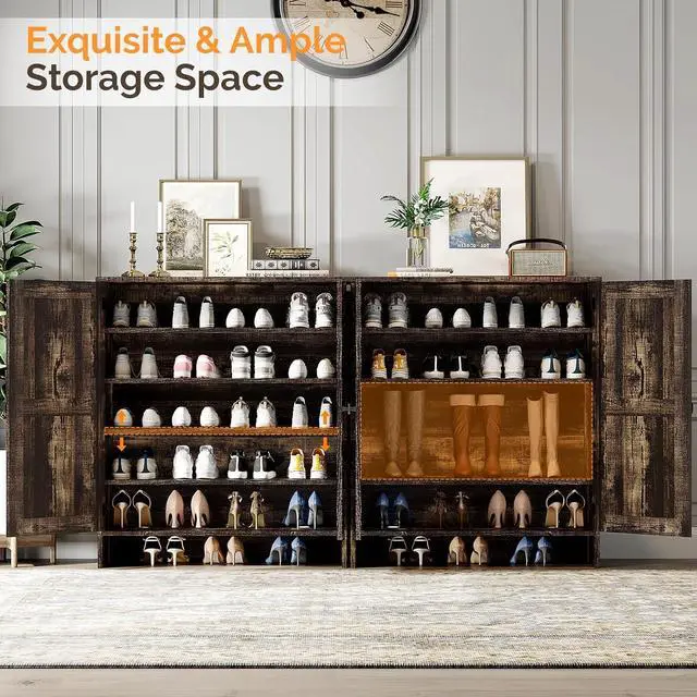 Alt view image 3 of 7 - VINGLI Shoe Cabinet with Doors,5 Tier Dark Rustic Oak Wooden Shoe Storage Cabinet for Entryway with Double Barn Doors, Adjustable Shelves, 36.4" Tall Farmhouse Shoe Rack Organizer for Entryway