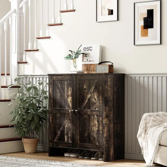 Alt view image 4 of 7 - VINGLI Shoe Cabinet with Doors,5 Tier Dark Rustic Oak Wooden Shoe Storage Cabinet for Entryway with Double Barn Doors, Adjustable Shelves, 36.4" Tall Farmhouse Shoe Rack Organizer for Entryway
