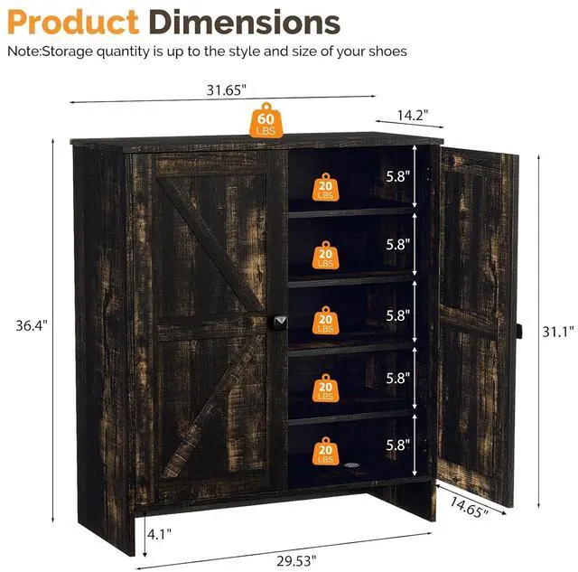 Alt view image 2 of 7 - VINGLI Shoe Cabinet with Doors,5 Tier Dark Rustic Oak Wooden Shoe Storage Cabinet for Entryway with Double Barn Doors, Adjustable Shelves, 36.4" Tall Farmhouse Shoe Rack Organizer for Entryway