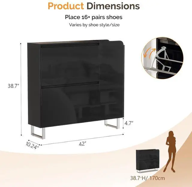 Alt view image 2 of 7 - VINGLI Black Shoe Cabinet with LED Lights, Narrow Shoe Storage Organizer with 2 Flip Drawers & Side Cabinet for Tall Boots, Slim Entryway Hidden Shoe Rack Space Saving, Modern High Gloss, 42"