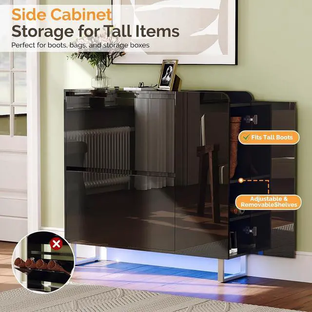 Alt view image 4 of 7 - VINGLI Black Shoe Cabinet with LED Lights, Narrow Shoe Storage Organizer with 2 Flip Drawers & Side Cabinet for Tall Boots, Slim Entryway Hidden Shoe Rack Space Saving, Modern High Gloss, 42"