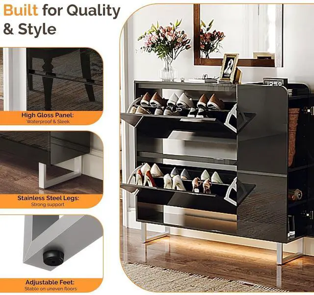 Alt view image 6 of 7 - VINGLI Black Shoe Cabinet with LED Lights, Narrow Shoe Storage Organizer with 2 Flip Drawers & Side Cabinet for Tall Boots, Slim Entryway Hidden Shoe Rack Space Saving, Modern High Gloss, 42"