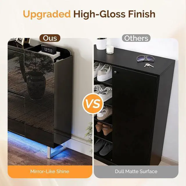 Alt view image 7 of 7 - VINGLI Black Shoe Cabinet with LED Lights, Narrow Shoe Storage Organizer with 2 Flip Drawers & Side Cabinet for Tall Boots, Slim Entryway Hidden Shoe Rack Space Saving, Modern High Gloss, 42"