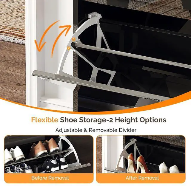 Alt view image 5 of 7 - VINGLI Black Shoe Cabinet with LED Lights, Narrow Shoe Storage Organizer with 2 Flip Drawers & Side Cabinet for Tall Boots, Slim Entryway Hidden Shoe Rack Space Saving, Modern High Gloss, 42"