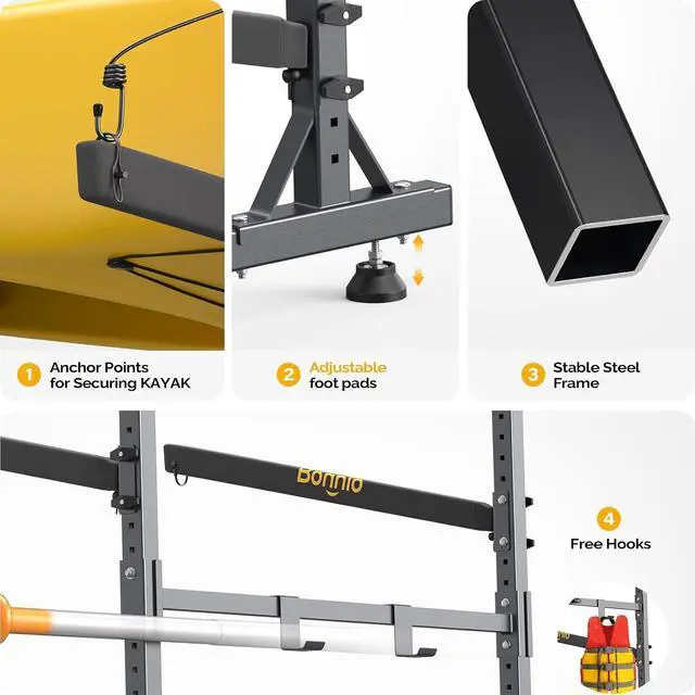 Alt view image 3 of 7 - Bonnlo Kayak Storage Rack, Adjustable Heavy Duty Kayak Rack for Kayaks Paddle Boards, Kayak Paddle Holder for Garage, Spacesaver, Gentle on Padding, Boat Organizer