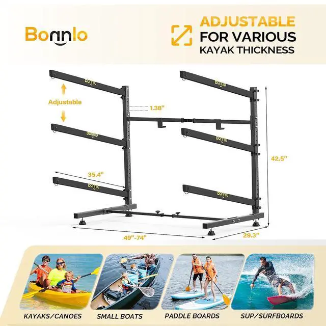 Alt view image 4 of 6 - Bonnlo Kayak Storage Rack, Adjustable Heavy Duty Kayak Rack for Kayaks Paddle Boards, Kayak Paddle Holder for Garage, Spacesaver, Gentle on Padding, Boat Organizer