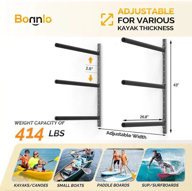 Alt view image 4 of 7 - Bonnlo Kayak Storage Rack, Adjustable Heavy Duty Kayak Rack for Kayaks Paddle Boards, Kayak Paddle Holder for Garage, Spacesaver, Gentle on Padding, Boat Organizer