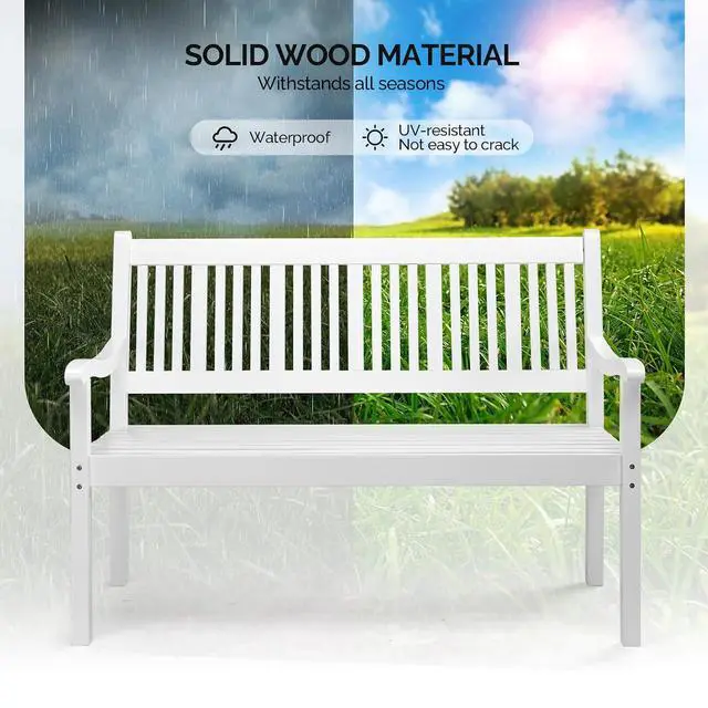 Alt view image 6 of 7 - VINGLI 50" Outdoor Wood Bench, Weatehr Resistant Wooden Garden Patio Bench with Comfortable Backrest & Curved Armrest, 800lb Capacity Loveseat for Front Porch Park Yard Deck (White, Dense Slatted)