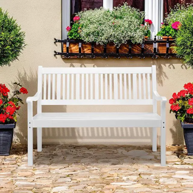 Alt view image 7 of 7 - VINGLI 50" Outdoor Wood Bench, Weatehr Resistant Wooden Garden Patio Bench with Comfortable Backrest & Curved Armrest, 800lb Capacity Loveseat for Front Porch Park Yard Deck (White, Dense Slatted)