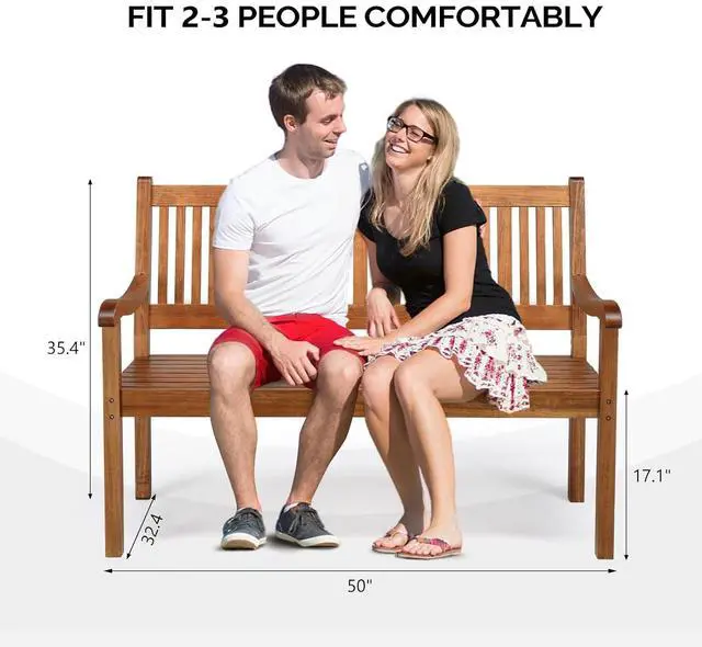 Alt view image 3 of 7 - VINGLI 50" Outdoor Wood Bench, Weatehr Resistant Wooden Garden Patio Bench with Comfortable Backrest & Curved Armrest, 800lb Capacity Loveseat for Front Porch Park Yard Deck (Natural, Dense Slatted)