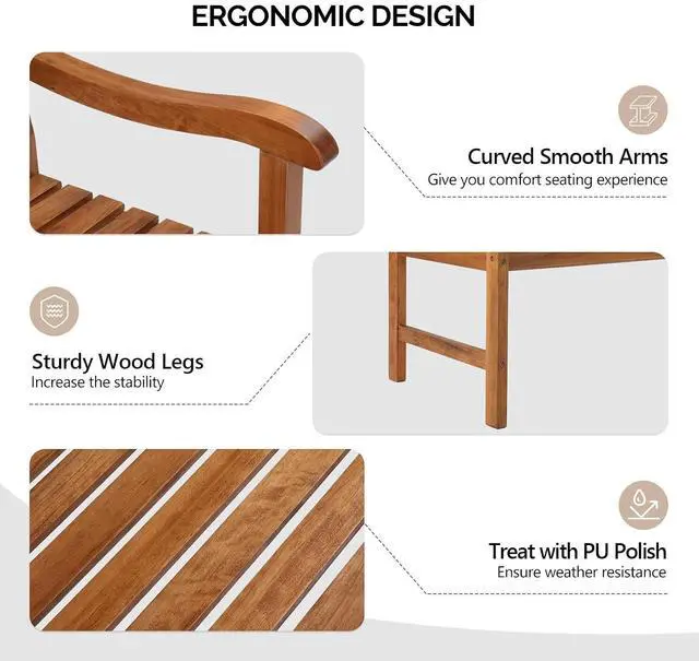 Alt view image 4 of 7 - VINGLI 50" Outdoor Wood Bench, Weatehr Resistant Wooden Garden Patio Bench with Comfortable Backrest & Curved Armrest, 800lb Capacity Loveseat for Front Porch Park Yard Deck (Natural, Dense Slatted)