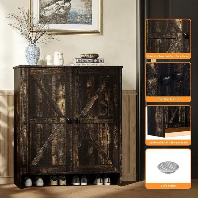 Alt view image 6 of 7 - VINGLI Shoe Cabinet with Doors,5 Tier Dark Rustic Oak Wooden Shoe Storage Cabinet for Entryway with Double Barn Doors, Adjustable Shelves, 36.4" Tall Farmhouse Shoe Rack Organizer for Entryway