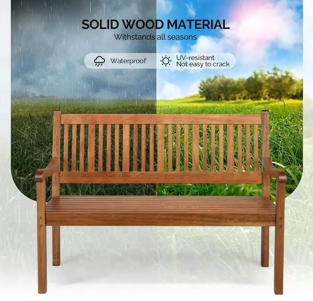 Alt view image 5 of 7 - VINGLI 50" Outdoor Wood Bench, Weatehr Resistant Wooden Garden Patio Bench with Comfortable Backrest & Curved Armrest, 800lb Capacity Loveseat for Front Porch Park Yard Deck (Natural, Dense Slatted)
