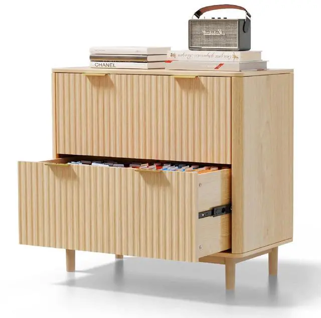 Main image of VINGLI 2 Drawer File Cabinet, Home Office Filing Organizer, for Letter Legal A4 Size File Folder Storage, Modern Style Fluted Design, Wood Lateral Filing Cabinet, Printer Stand, Archivador (Oak)