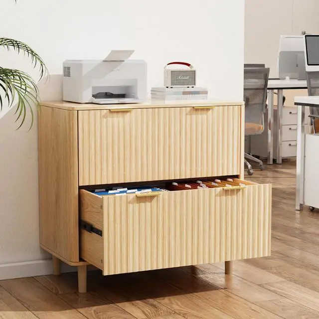 Alt view image 2 of 7 - VINGLI 2 Drawer File Cabinet, Home Office Filing Organizer, for Letter Legal A4 Size File Folder Storage, Modern Style Fluted Design, Wood Lateral Filing Cabinet, Printer Stand, Archivador (Oak)