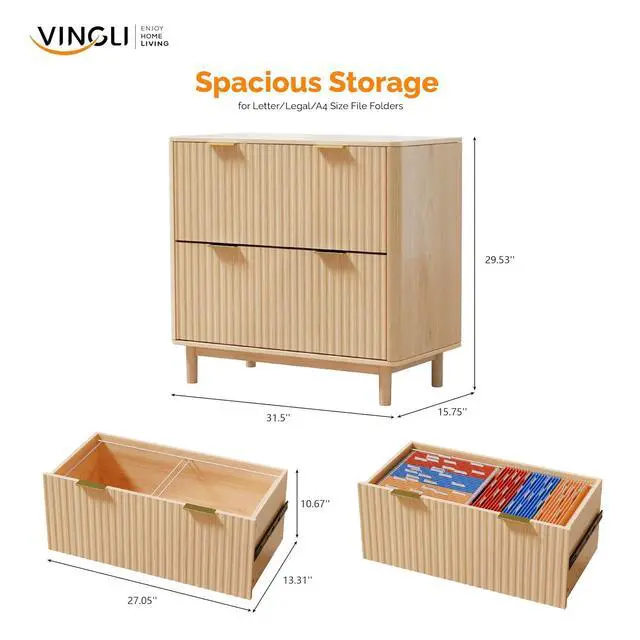 Alt view image 3 of 7 - VINGLI 2 Drawer File Cabinet, Home Office Filing Organizer, for Letter Legal A4 Size File Folder Storage, Modern Style Fluted Design, Wood Lateral Filing Cabinet, Printer Stand, Archivador (Oak)