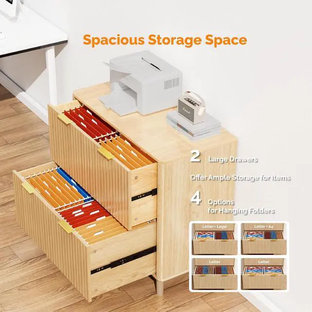 Alt view image 5 of 7 - VINGLI 2 Drawer File Cabinet, Home Office Filing Organizer, for Letter Legal A4 Size File Folder Storage, Modern Style Fluted Design, Wood Lateral Filing Cabinet, Printer Stand, Archivador (Oak)