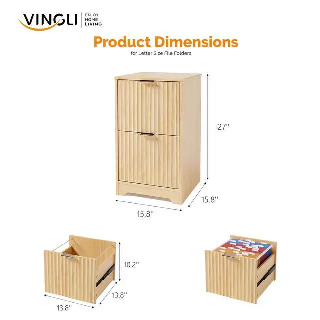Alt view image 3 of 7 - VINGLI 2 Drawer File Cabinet, Home Office Filing Organizer, for Letter Size File Folder Storage, Modern Style Fluted Design, Wood Vertical Filing Cabinet, Printer Stand, Archivador (Oak)