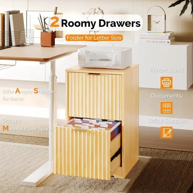 Alt view image 4 of 7 - VINGLI 2 Drawer File Cabinet, Home Office Filing Organizer, for Letter Size File Folder Storage, Modern Style Fluted Design, Wood Vertical Filing Cabinet, Printer Stand, Archivador (Oak)