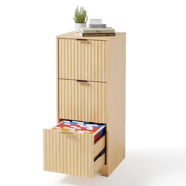 Main image of VINGLI Tall 3 Drawer File Cabinet, Home Office Filing Organizer, for Letter Size File Folder Storage, Modern Style Fluted Design, Wood Vertical Filing Cabinet, Printer Stand, Archivador (Oak)