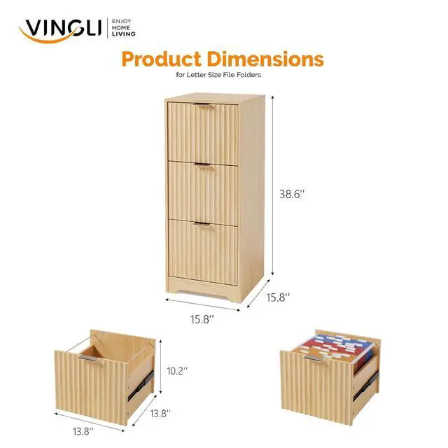 Alt view image 3 of 7 - VINGLI Tall 3 Drawer File Cabinet, Home Office Filing Organizer, for Letter Size File Folder Storage, Modern Style Fluted Design, Wood Vertical Filing Cabinet, Printer Stand, Archivador (Oak)
