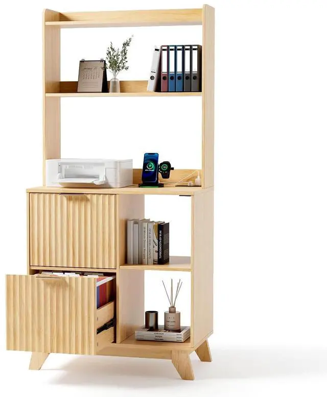 Main image of VINGLI Tall 2 Drawer File Cabinet with Adjustable Shelves, Home Office Filing Organizer for Letter Size File Folder Storage, Fluted Design, Wood Filing Cabinet with Socket, Printer Stand (Oak)