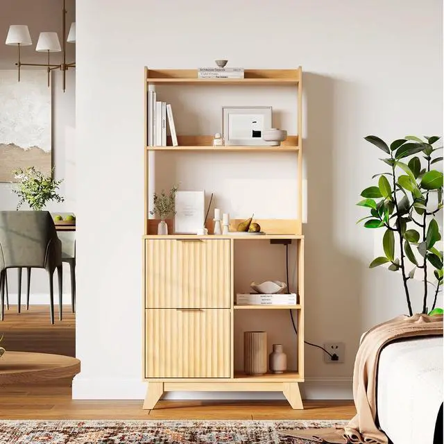 Alt view image 2 of 7 - VINGLI Tall 2 Drawer File Cabinet with Adjustable Shelves, Home Office Filing Organizer for Letter Size File Folder Storage, Fluted Design, Wood Filing Cabinet with Socket, Printer Stand (Oak)