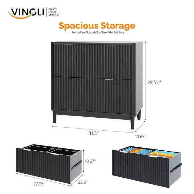 Alt view image 2 of 7 - VINGLI 2 Drawer File Cabinet, Home Office Filing Organizer, for Letter Legal A4 Size File Folder Storage, Modern Style Fluted Design, Wood Lateral Filing Cabinet, Printer Stand, Archivador, Black