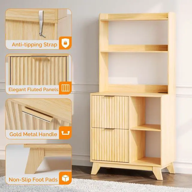 Alt view image 6 of 7 - VINGLI Tall 2 Drawer File Cabinet with Adjustable Shelves, Home Office Filing Organizer for Letter Size File Folder Storage, Fluted Design, Wood Filing Cabinet with Socket, Printer Stand (Oak)