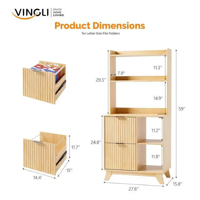 Alt view image 3 of 7 - VINGLI Tall 2 Drawer File Cabinet with Adjustable Shelves, Home Office Filing Organizer for Letter Size File Folder Storage, Fluted Design, Wood Filing Cabinet with Socket, Printer Stand (Oak)