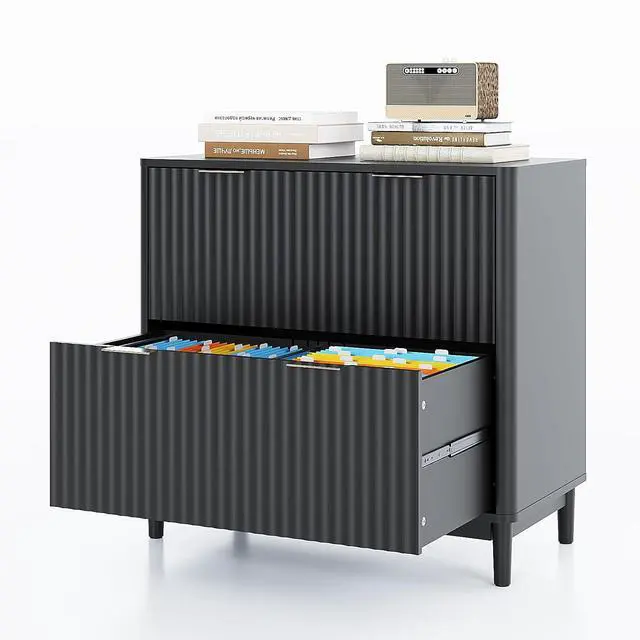 Alt view image 3 of 7 - VINGLI 2 Drawer File Cabinet, Home Office Filing Organizer, for Letter Legal A4 Size File Folder Storage, Modern Style Fluted Design, Wood Lateral Filing Cabinet, Printer Stand, Archivador, Black