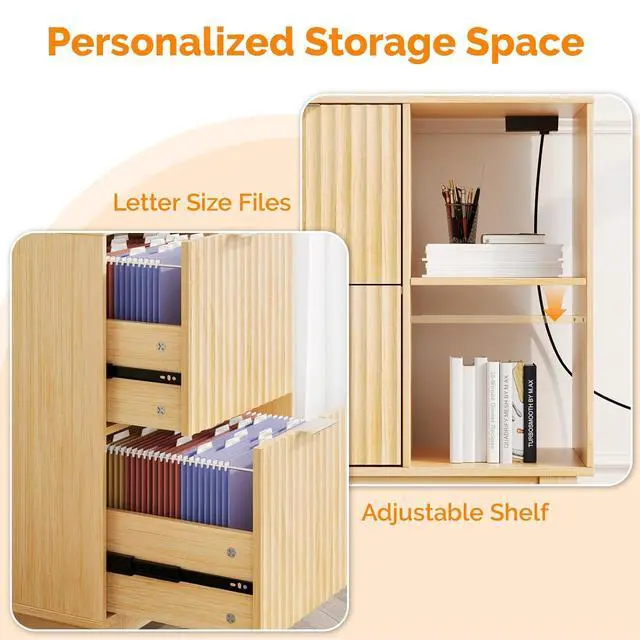 Alt view image 7 of 7 - VINGLI Tall 2 Drawer File Cabinet with Adjustable Shelves, Home Office Filing Organizer for Letter Size File Folder Storage, Fluted Design, Wood Filing Cabinet with Socket, Printer Stand (Oak)