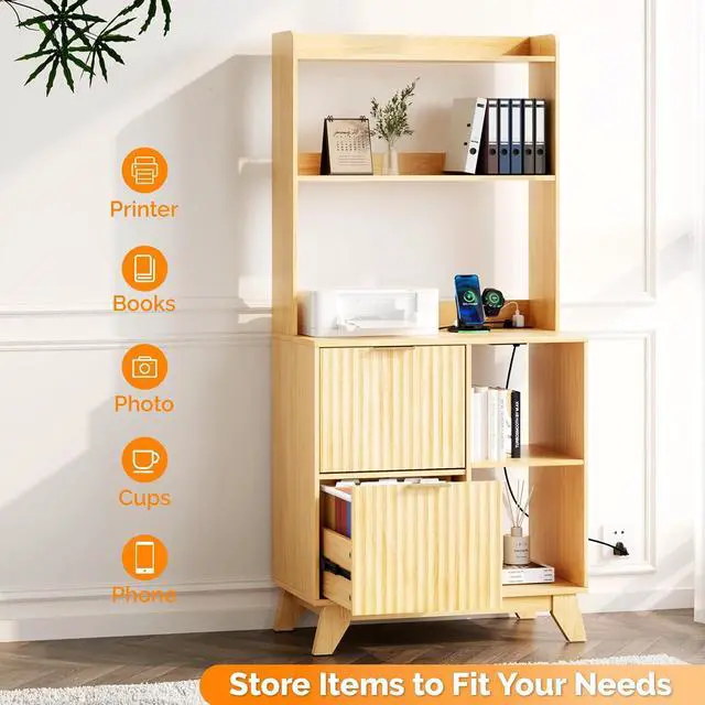 Alt view image 4 of 7 - VINGLI Tall 2 Drawer File Cabinet with Adjustable Shelves, Home Office Filing Organizer for Letter Size File Folder Storage, Fluted Design, Wood Filing Cabinet with Socket, Printer Stand (Oak)