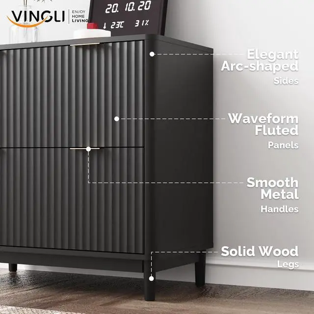 Alt view image 5 of 7 - VINGLI 2 Drawer File Cabinet, Home Office Filing Organizer, for Letter Legal A4 Size File Folder Storage, Modern Style Fluted Design, Wood Lateral Filing Cabinet, Printer Stand, Archivador, Black