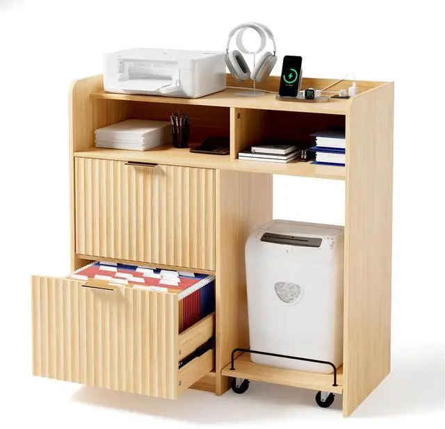 Main image of VINGLI Lateral 2 Drawer File Cabinet with Cart, Home Office Filing Organizer for Letter File Folder Storage, Fluted Design, Wood Filing Cabinet with Socket, Wide Printer Paper Shredder Stand (Oak)