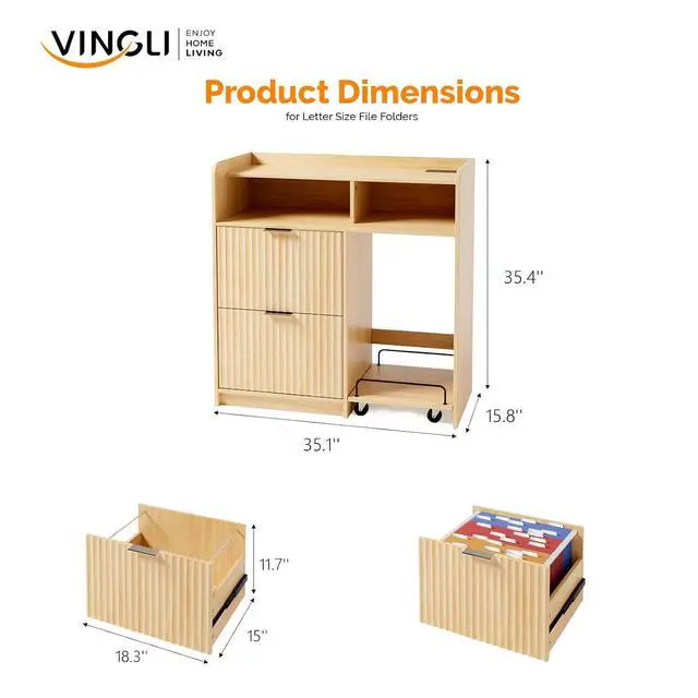 Alt view image 3 of 7 - VINGLI Lateral 2 Drawer File Cabinet with Cart, Home Office Filing Organizer for Letter File Folder Storage, Fluted Design, Wood Filing Cabinet with Socket, Wide Printer Paper Shredder Stand (Oak)