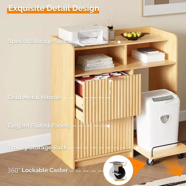 Alt view image 4 of 7 - VINGLI Lateral 2 Drawer File Cabinet with Cart, Home Office Filing Organizer for Letter File Folder Storage, Fluted Design, Wood Filing Cabinet with Socket, Wide Printer Paper Shredder Stand (Oak)