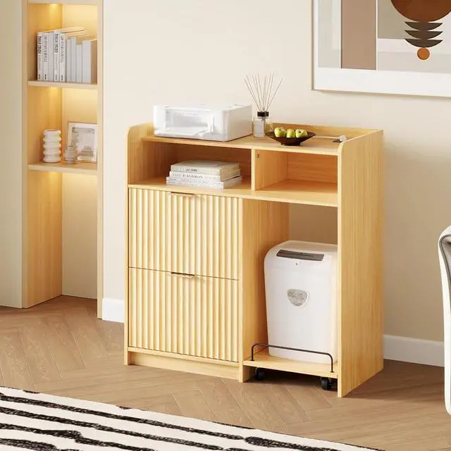 Alt view image 2 of 7 - VINGLI Lateral 2 Drawer File Cabinet with Cart, Home Office Filing Organizer for Letter File Folder Storage, Fluted Design, Wood Filing Cabinet with Socket, Wide Printer Paper Shredder Stand (Oak)