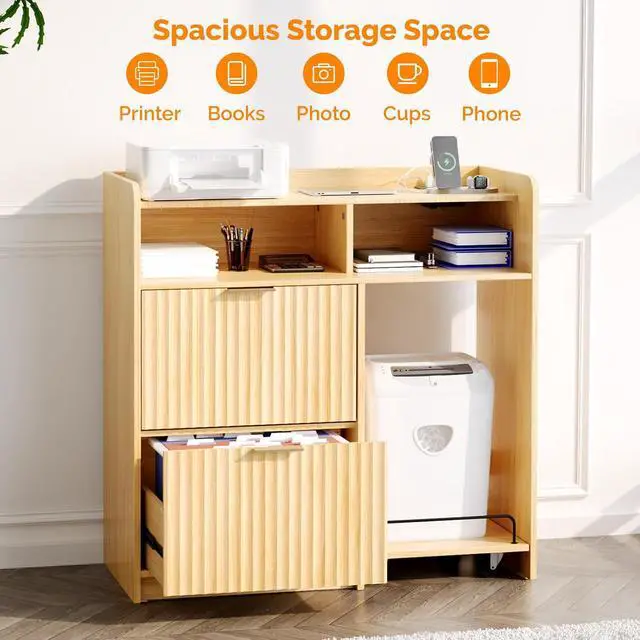 Alt view image 5 of 7 - VINGLI Lateral 2 Drawer File Cabinet with Cart, Home Office Filing Organizer for Letter File Folder Storage, Fluted Design, Wood Filing Cabinet with Socket, Wide Printer Paper Shredder Stand (Oak)