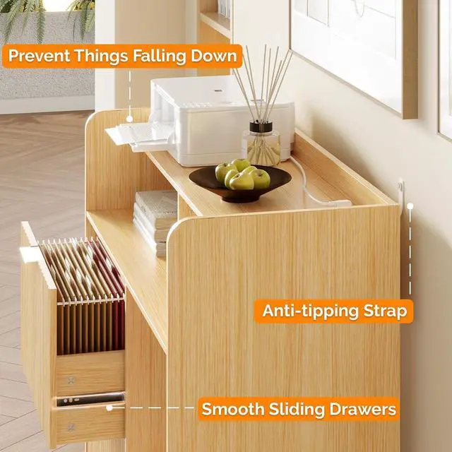 Alt view image 6 of 7 - VINGLI Lateral 2 Drawer File Cabinet with Cart, Home Office Filing Organizer for Letter File Folder Storage, Fluted Design, Wood Filing Cabinet with Socket, Wide Printer Paper Shredder Stand (Oak)