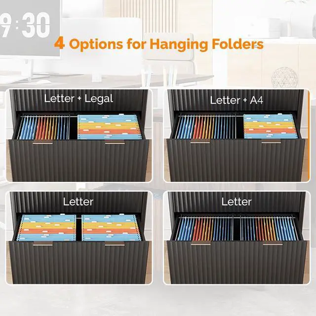Alt view image 6 of 7 - VINGLI 2 Drawer File Cabinet, Home Office Filing Organizer, for Letter Legal A4 Size File Folder Storage, Modern Style Fluted Design, Wood Lateral Filing Cabinet, Printer Stand, Archivador, Black
