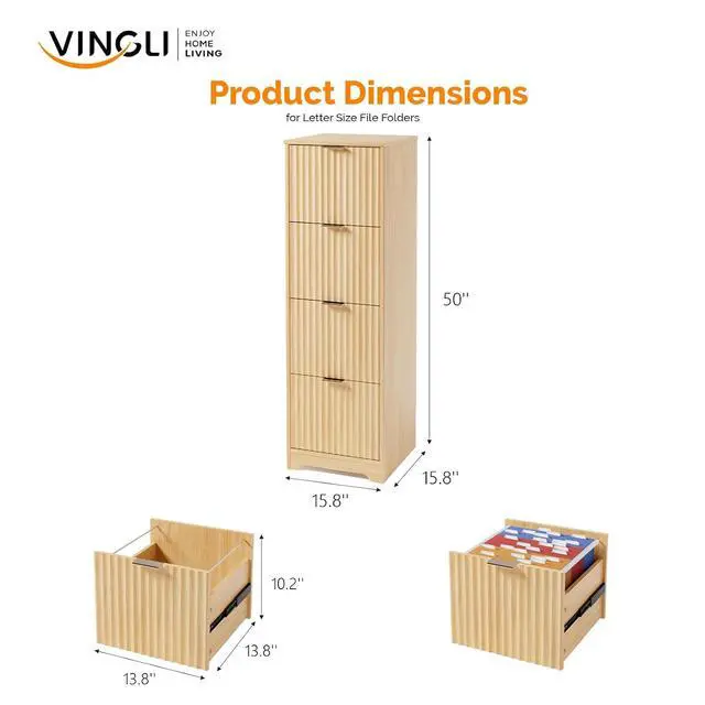 Alt view image 3 of 7 - VINGLI Tall 4 Drawer File Cabinet, Home Office Filing Organizer, for Letter Size File Folder Storage, Modern Style Fluted Design, Wood Vertical Filing Cabinet, Printer Stand, Archivador (Oak)