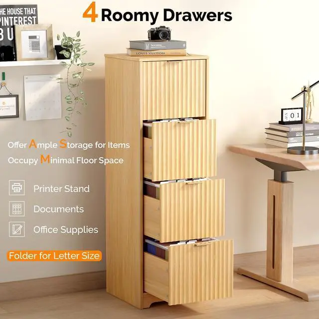 Alt view image 4 of 7 - VINGLI Tall 4 Drawer File Cabinet, Home Office Filing Organizer, for Letter Size File Folder Storage, Modern Style Fluted Design, Wood Vertical Filing Cabinet, Printer Stand, Archivador (Oak)