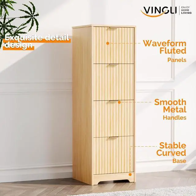 Alt view image 5 of 7 - VINGLI Tall 4 Drawer File Cabinet, Home Office Filing Organizer, for Letter Size File Folder Storage, Modern Style Fluted Design, Wood Vertical Filing Cabinet, Printer Stand, Archivador (Oak)