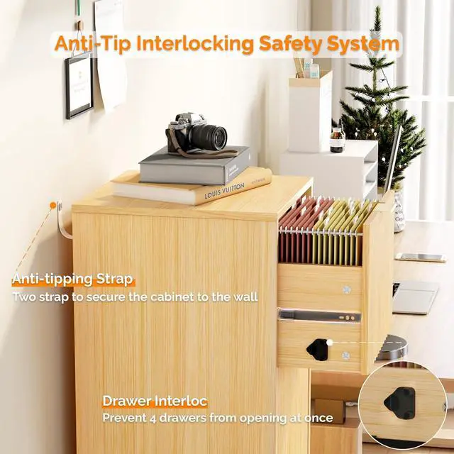 Alt view image 6 of 7 - VINGLI Tall 4 Drawer File Cabinet, Home Office Filing Organizer, for Letter Size File Folder Storage, Modern Style Fluted Design, Wood Vertical Filing Cabinet, Printer Stand, Archivador (Oak)