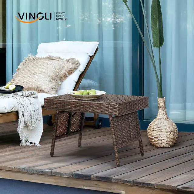 Alt view image 2 of 7 - VINGLI Outdoor Folding Rattan Side Table, Portable Wicker End Table for Patio, Garden, Poolside, and Indoor Use, Mix Mocha
